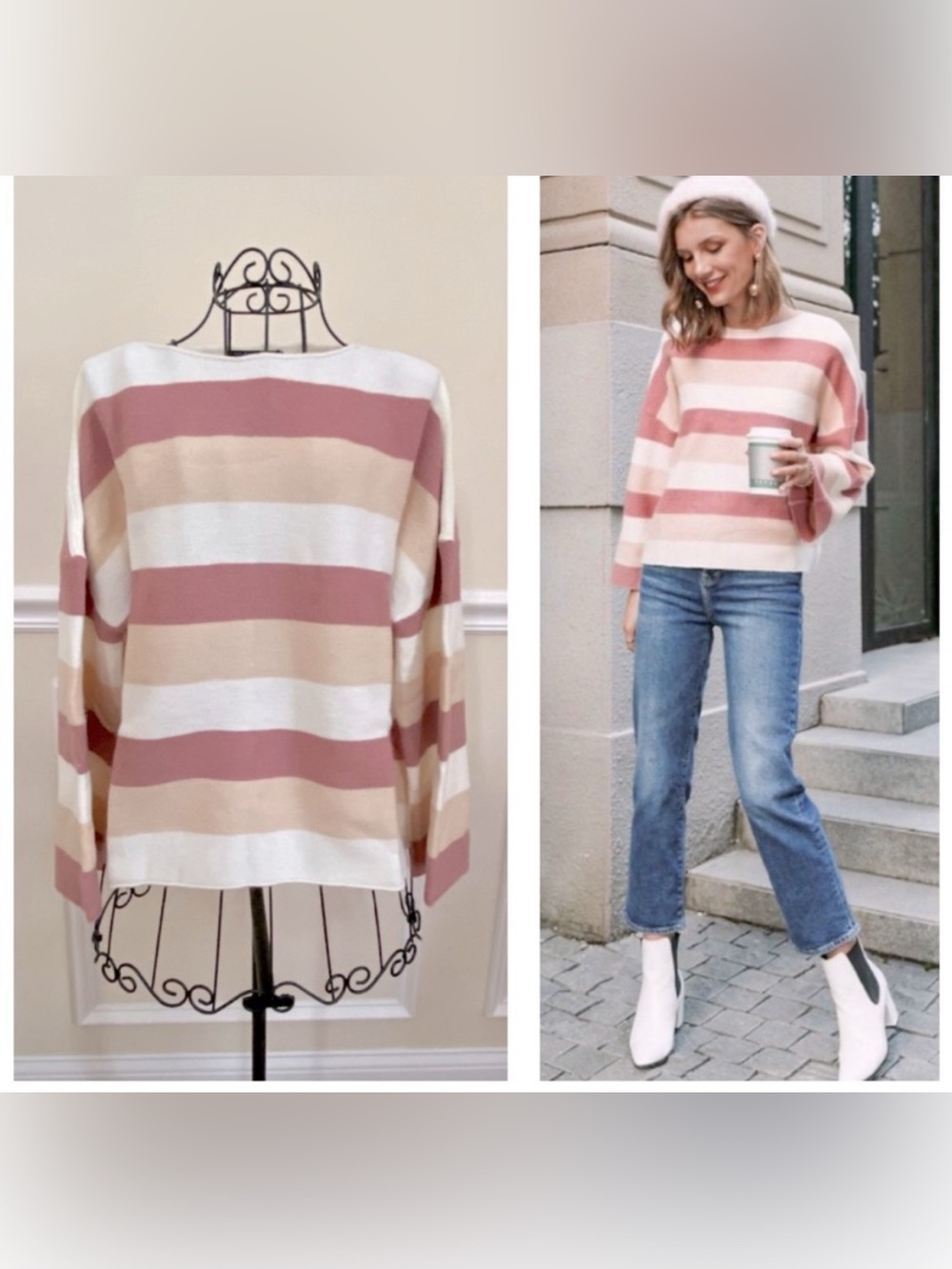 Simplee Pink Blush Striped Drop Sleeve Sweater